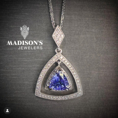 Tanzanite in Double Diamond, Dangle Halo Pendant